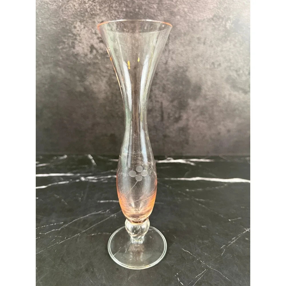 VTG Floral Etched Footed Bud Vase Pale Pink Flared Top 8in Tall MINT!